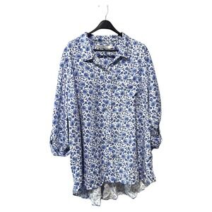 STANDARD GRACE Blue Floral Print Button‎ Up Long Sleeve Tunic Shirt Plus Size 3X